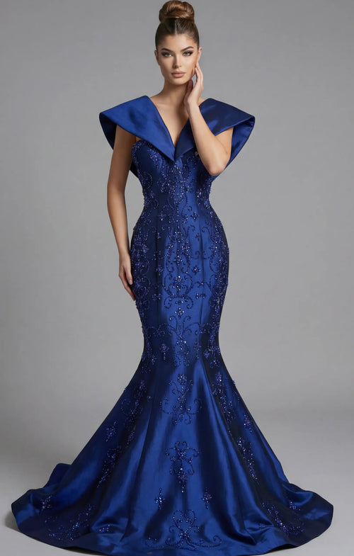Jovani 45337 V-Neck Mermaid Gown with Sculpted Collar and Beading