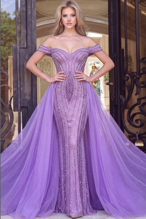 Jovani 45392 off the shoulder mermaid gown with detachable overskirt front view
