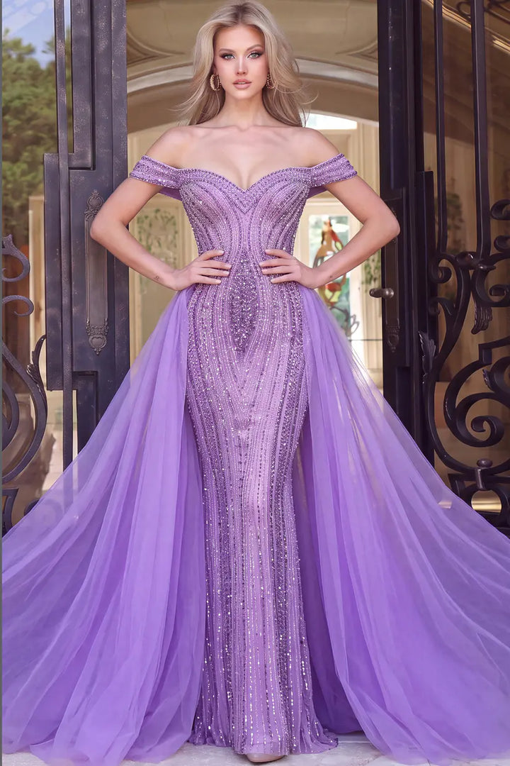 Jovani 45392 off the shoulder mermaid gown with detachable overskirt front view