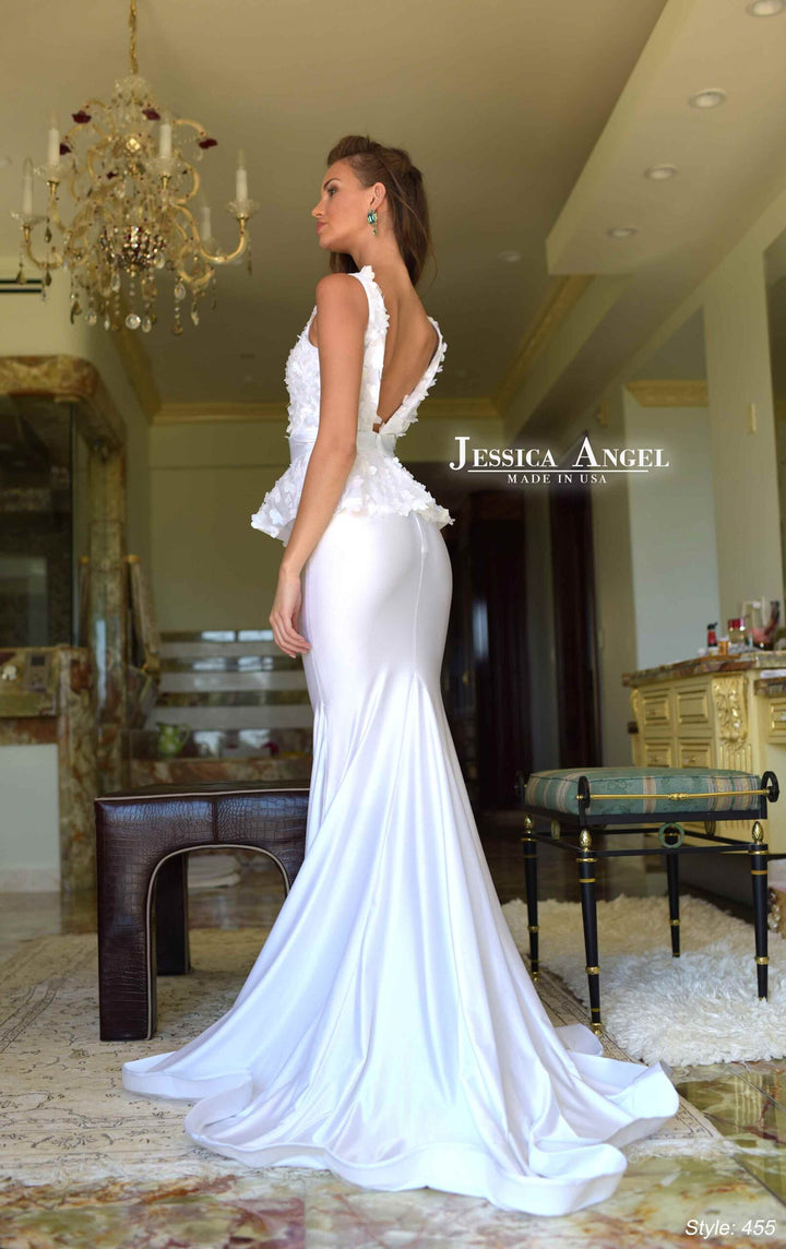 Jessica Angel 455 3d flower peplum mermaid gown back view