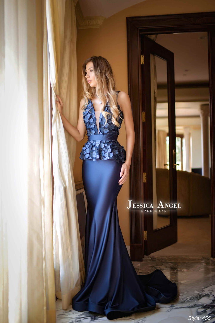 Jessica Angel 455 3d flower peplum mermaid gown front view