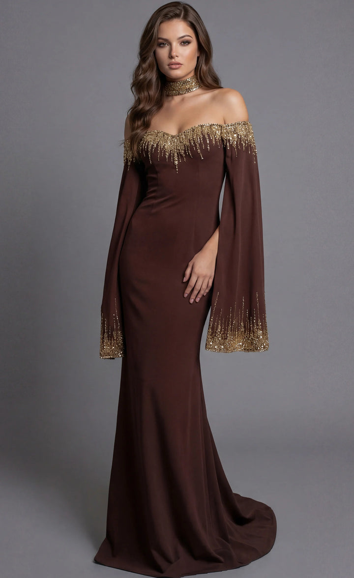 Jovani 45535 Off Shoulder Mermaid Gown with Bell Sleeves and Choker - FOSTANI.com