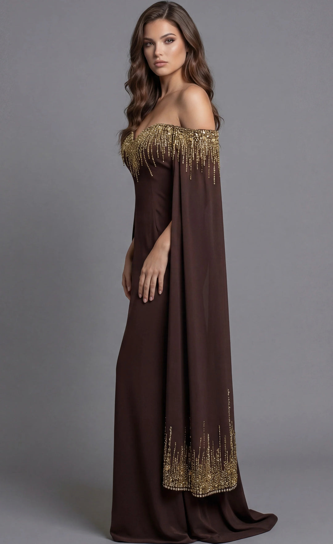 Jovani 45535 Off Shoulder Mermaid Gown with Bell Sleeves and Choker - FOSTANI.com