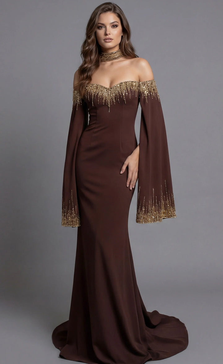 Jovani 45535 Off Shoulder Mermaid Gown with Bell Sleeves and Choker - FOSTANI.com