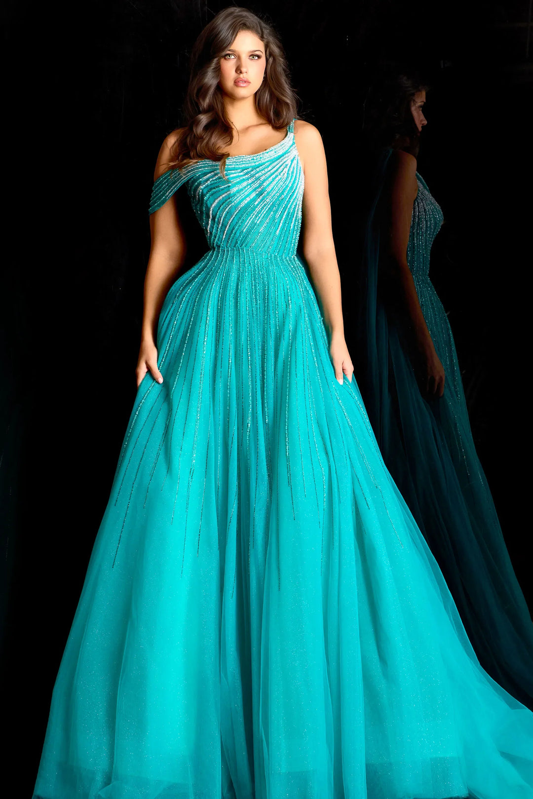 jovani peacock cocktail dress Jovani 23891 Peacock Embellished Long Cape Evening Gown