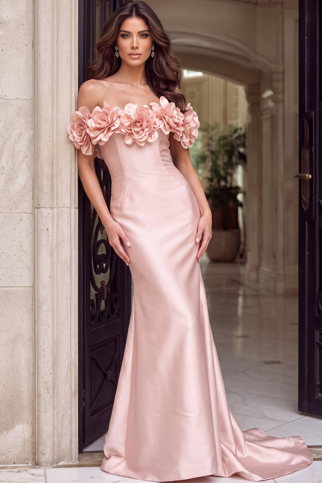 Jovani 45668 Off-the-Shoulder 3D Floral Trumpet Prom Dress front view
