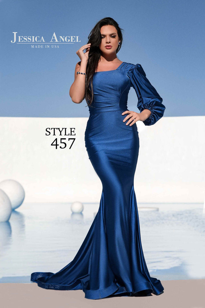 Jessica Angel 457 one sleeve jersey mermaid gown front view