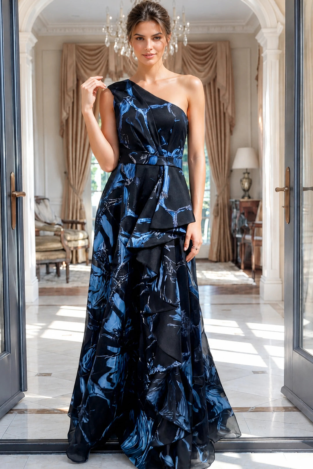 Jovani 46319 Floral Print One Shoulder A Line Gown - FOSTANI.com