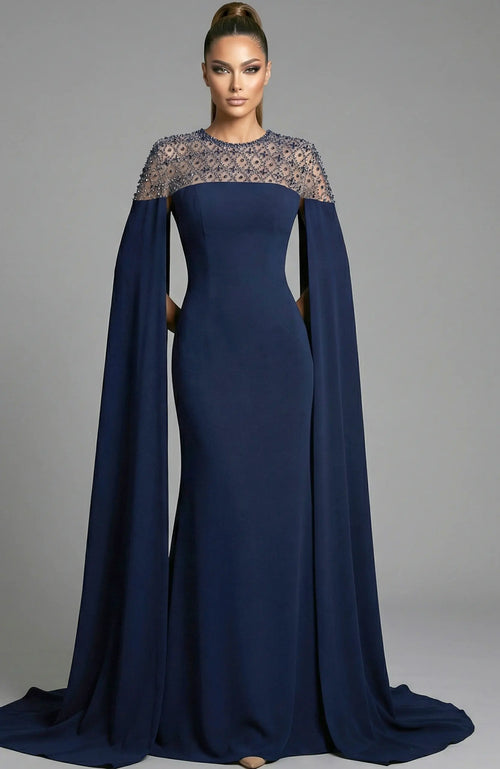 Jovani 46522 High Neck Column Gown with Beaded Illusion Yoke and Cape Sleeves
