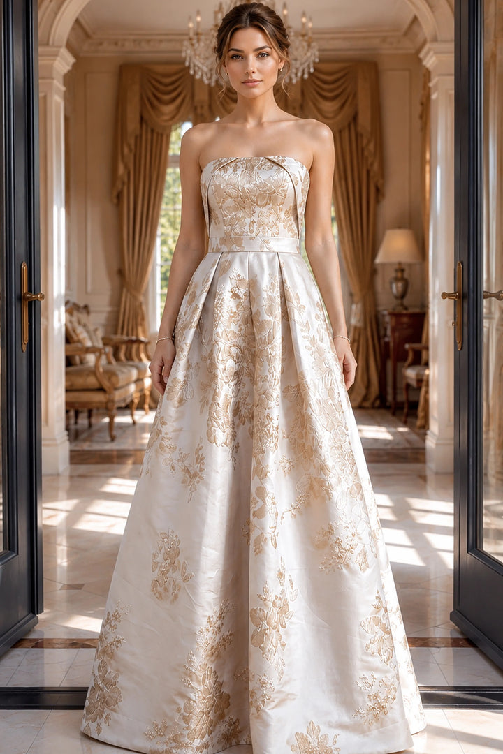 Jovani 46550 Floral Brocade Strapless A Line Gown - FOSTANI.com