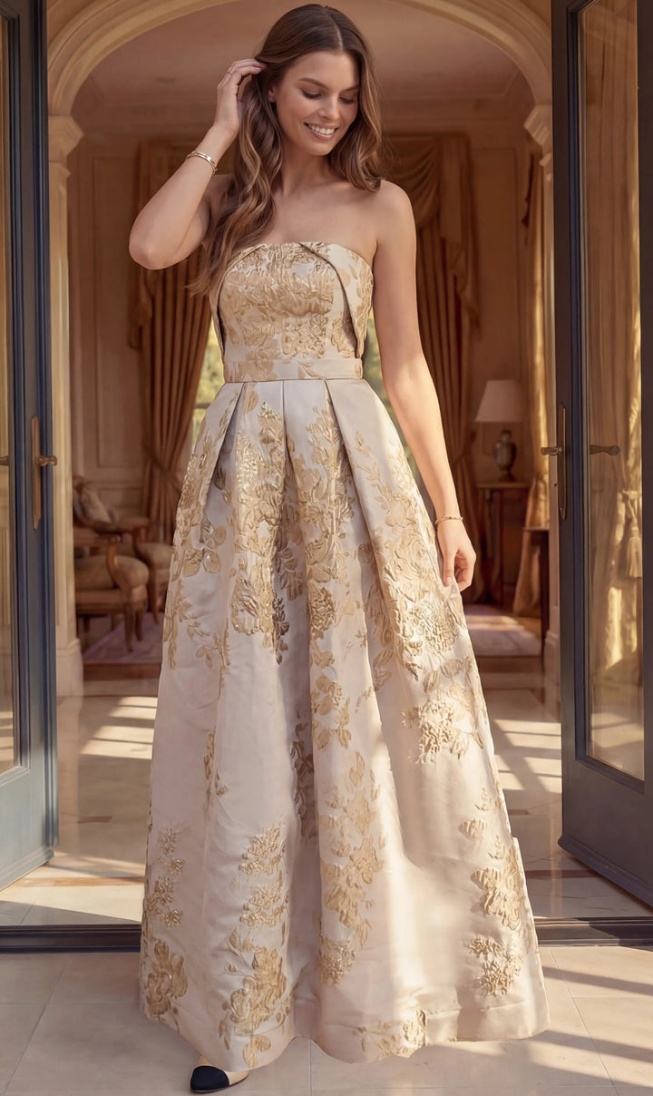 Jovani 46550 Floral Brocade Strapless A Line Gown - FOSTANI.com