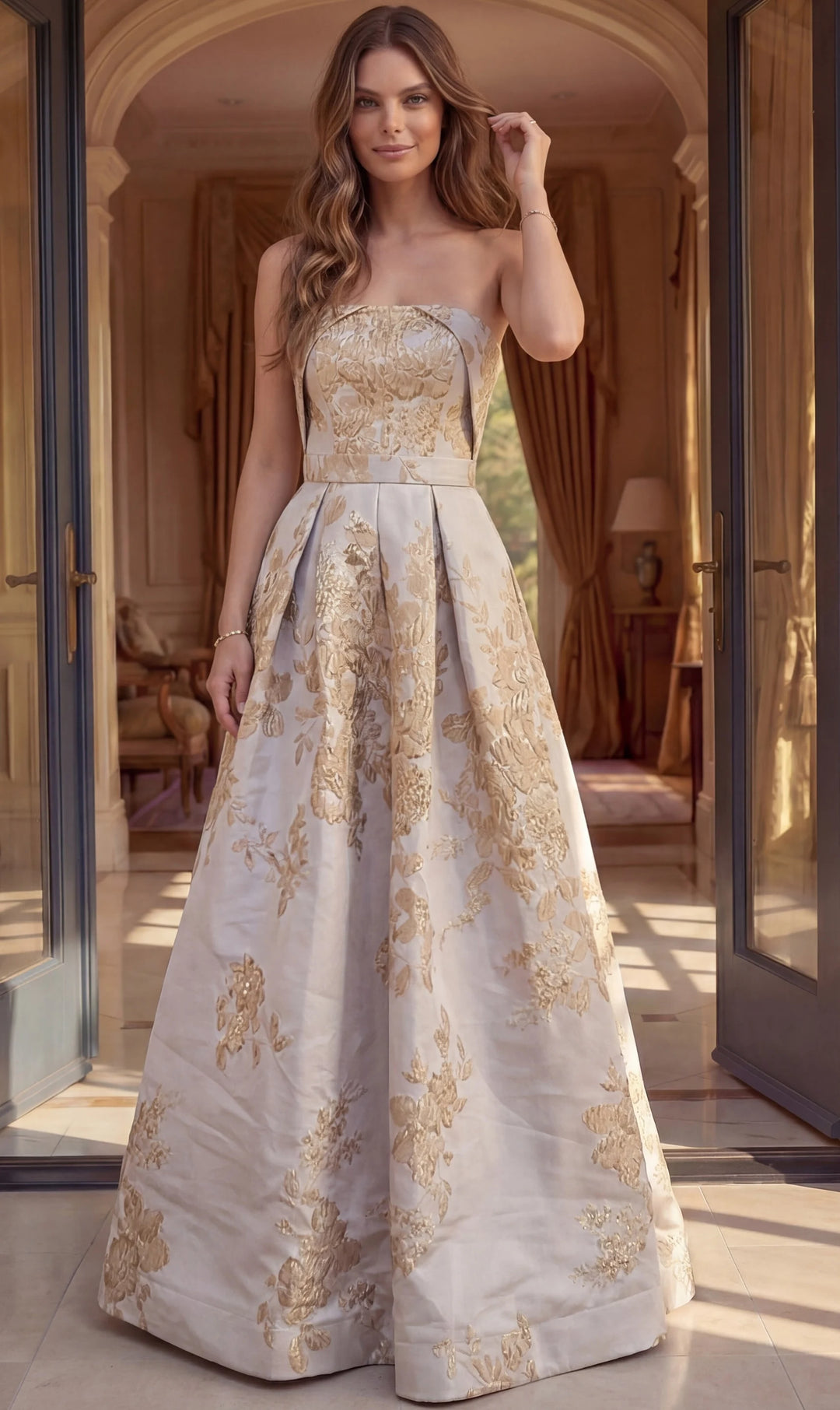 Jovani 46550 Floral Brocade Strapless A Line Gown - FOSTANI.com