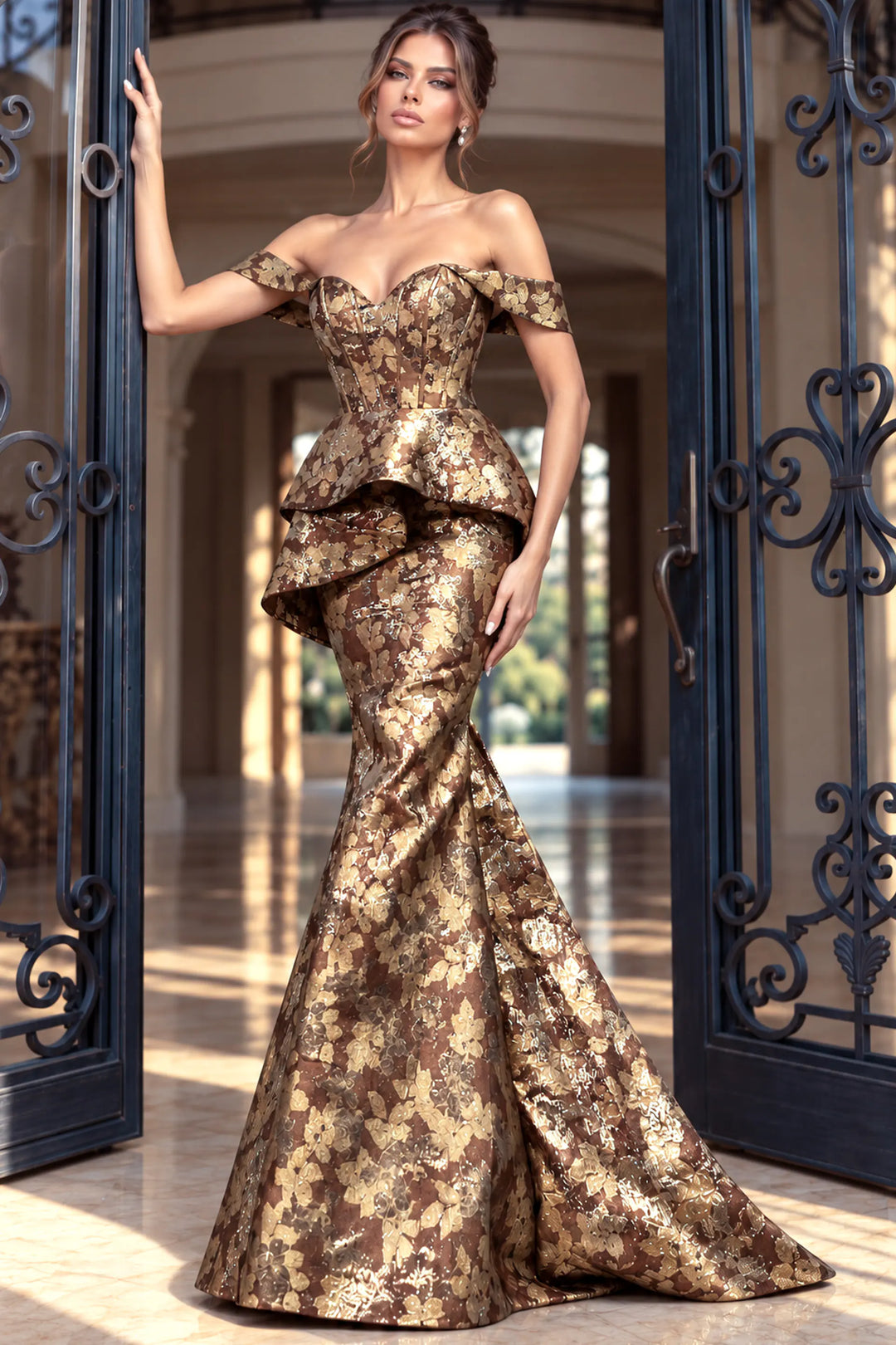 Jovani 47052 off-shoulder sweetheart trumpet gown with peplum waist view 3