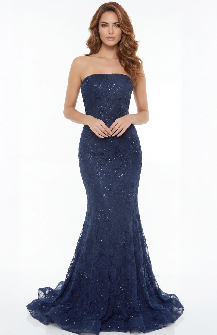 Jovani 47182 Strapless Lace Fitted Gown With Train - FOSTANI.com