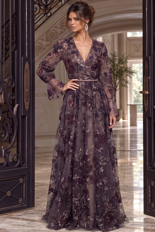 Jovani 47220 Floral Embroidered Tulle Long Sleeve A Line Evening Gown