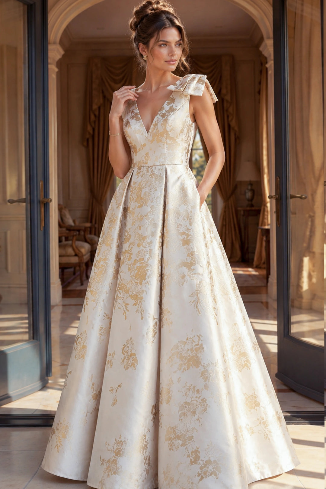 Jovani 47491 Brocade Cap Sleeve A Line Gown CHAMPAGNE/GOLD / 16