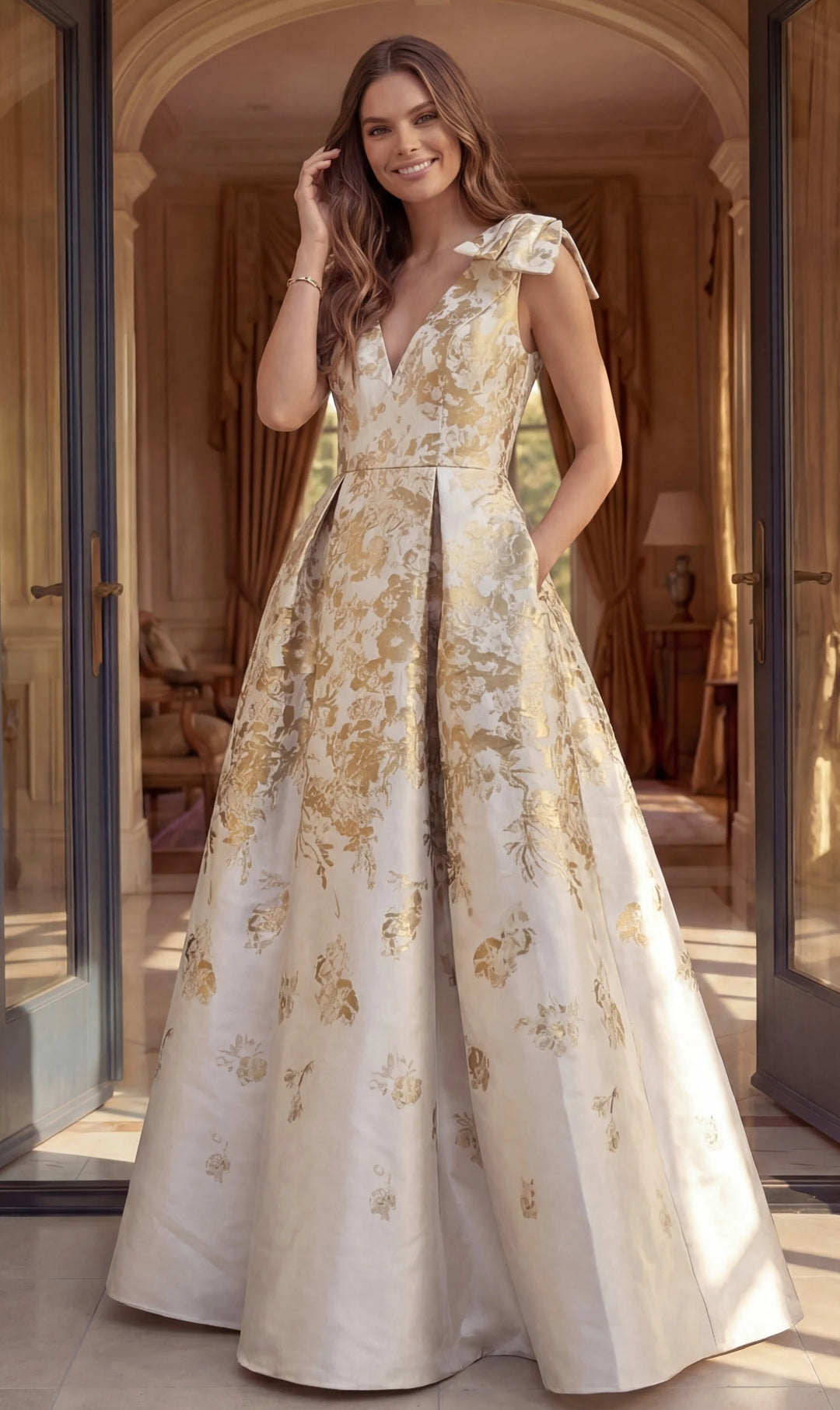 gold brocade wedding dress Ava Presley 40049 - Long Metallic Brocade Ballgown Dress