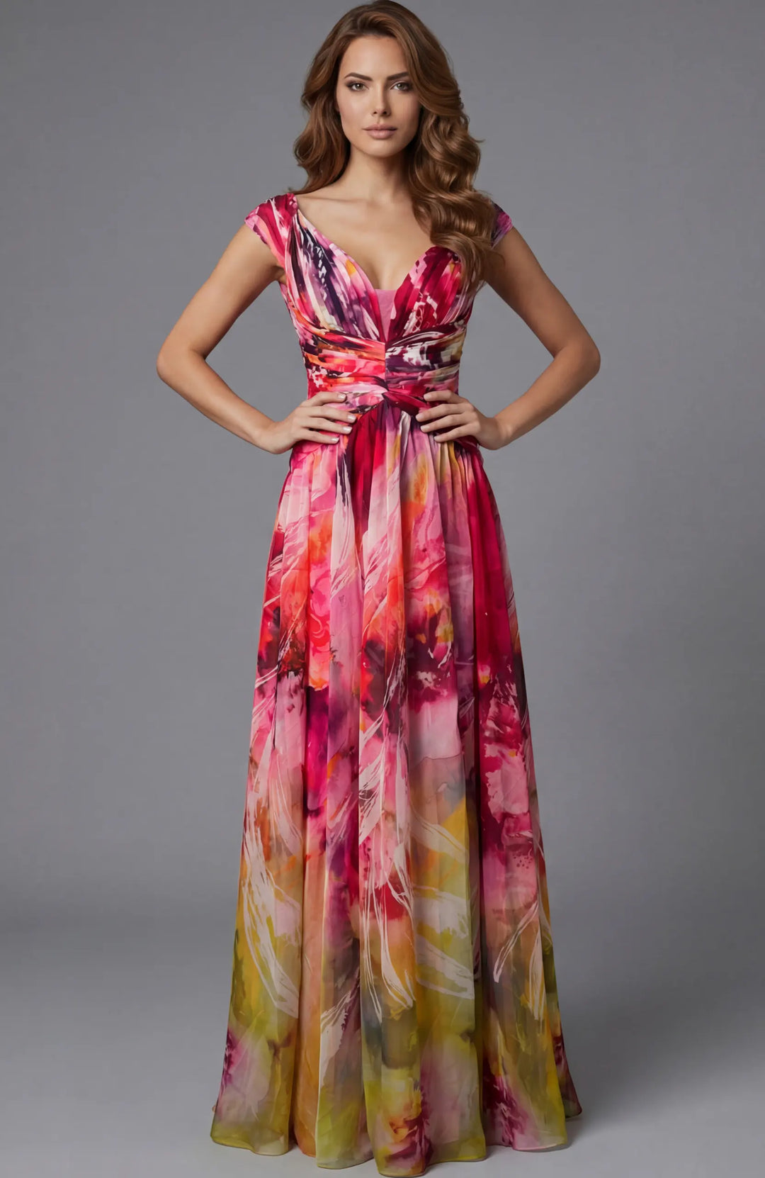 Jovani 47499 V-neck floral print A-line gown with draped bodice front view