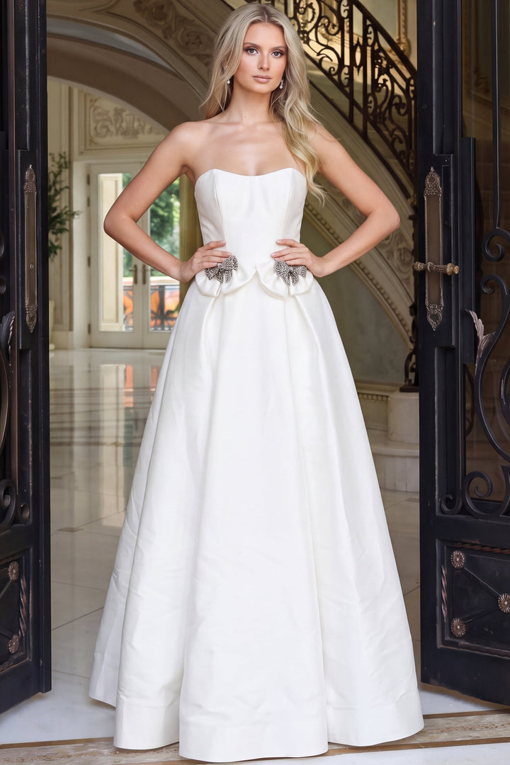Jovani 47594 Strapless Crystal Bow Ball Gown Prom Dress front view