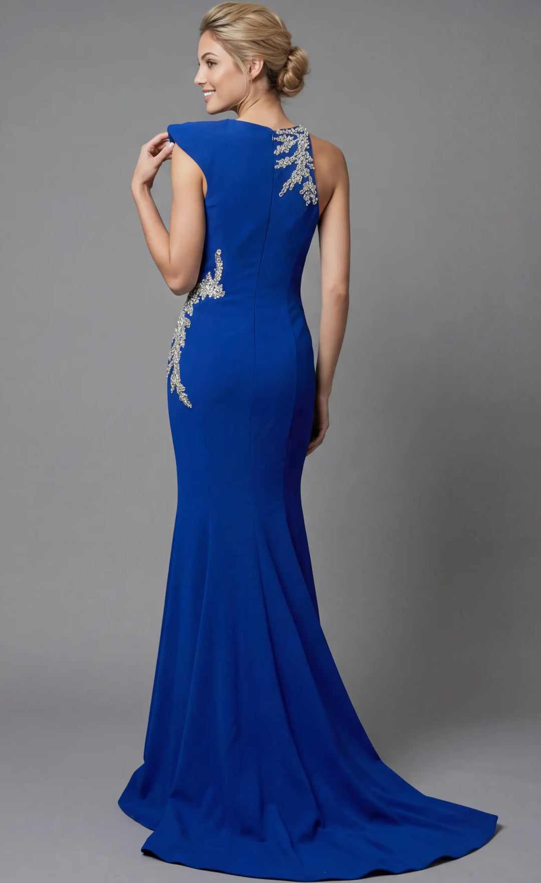 Jovani 47802 mermaid gown back three-quarter view with sweep train