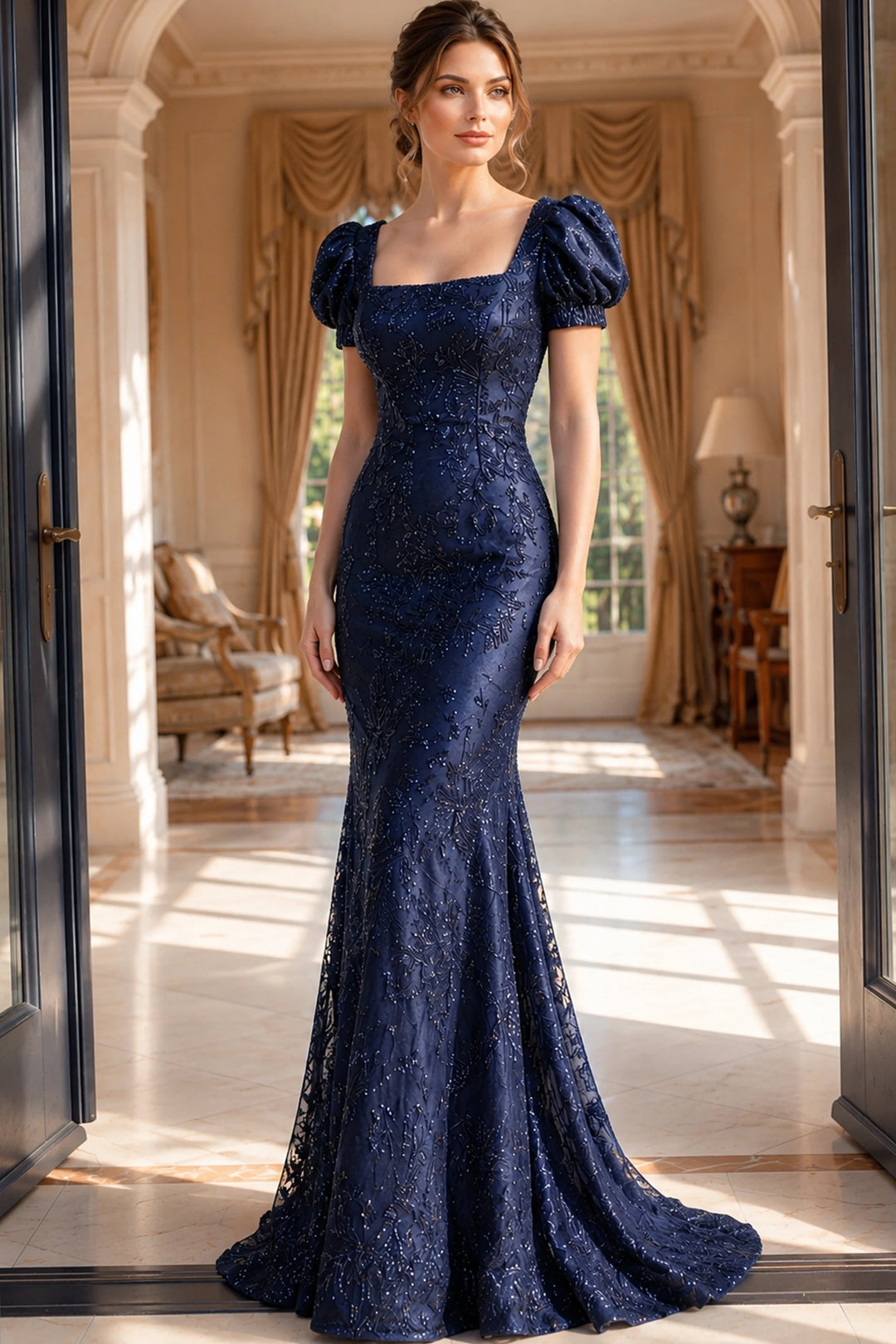 Jovani 48111 Fitted Navy Gown with Puff Sleeves - FOSTANI.com