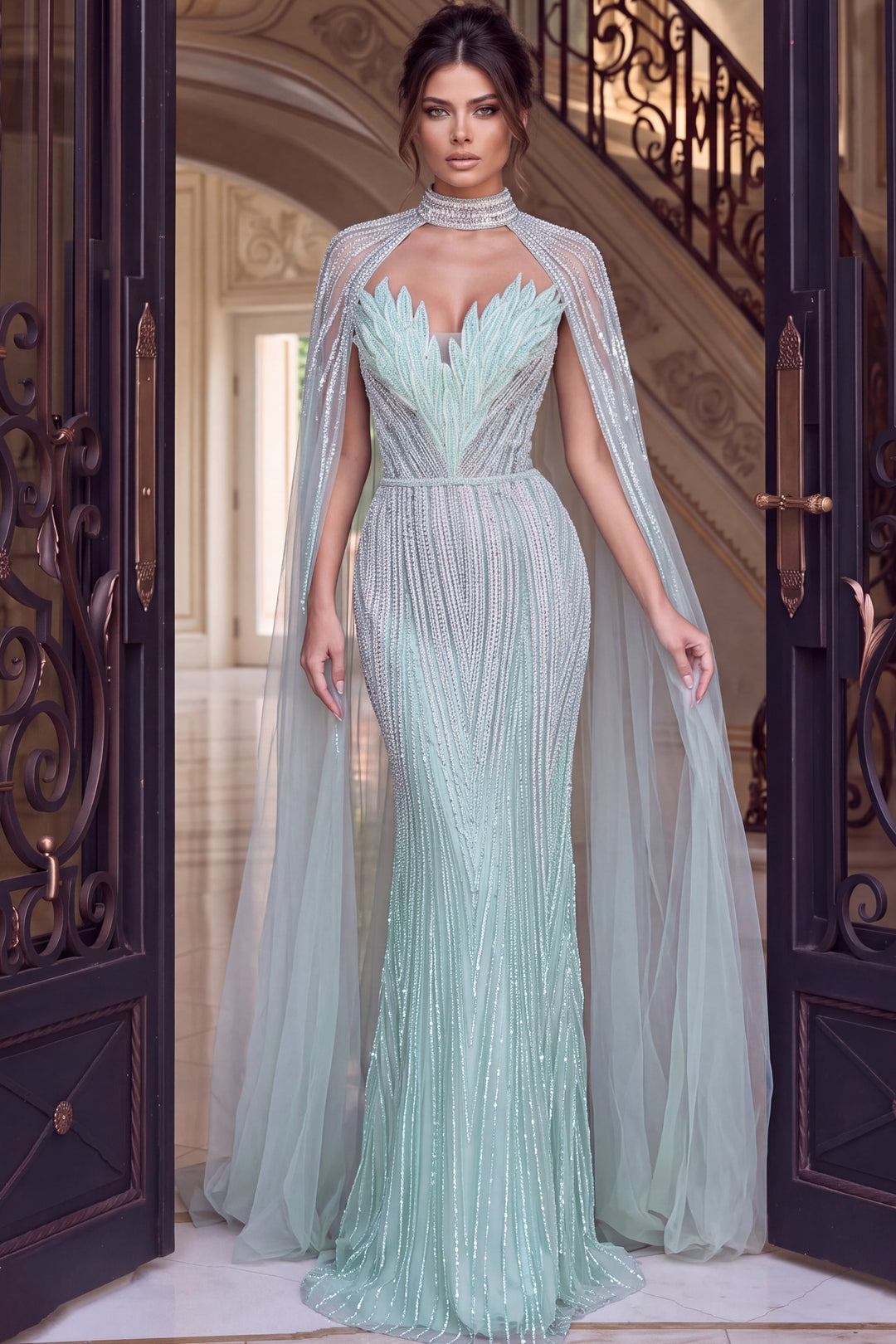 Jovani 48421 Beaded Mermaid Gown with High Collar Cape full-length front view