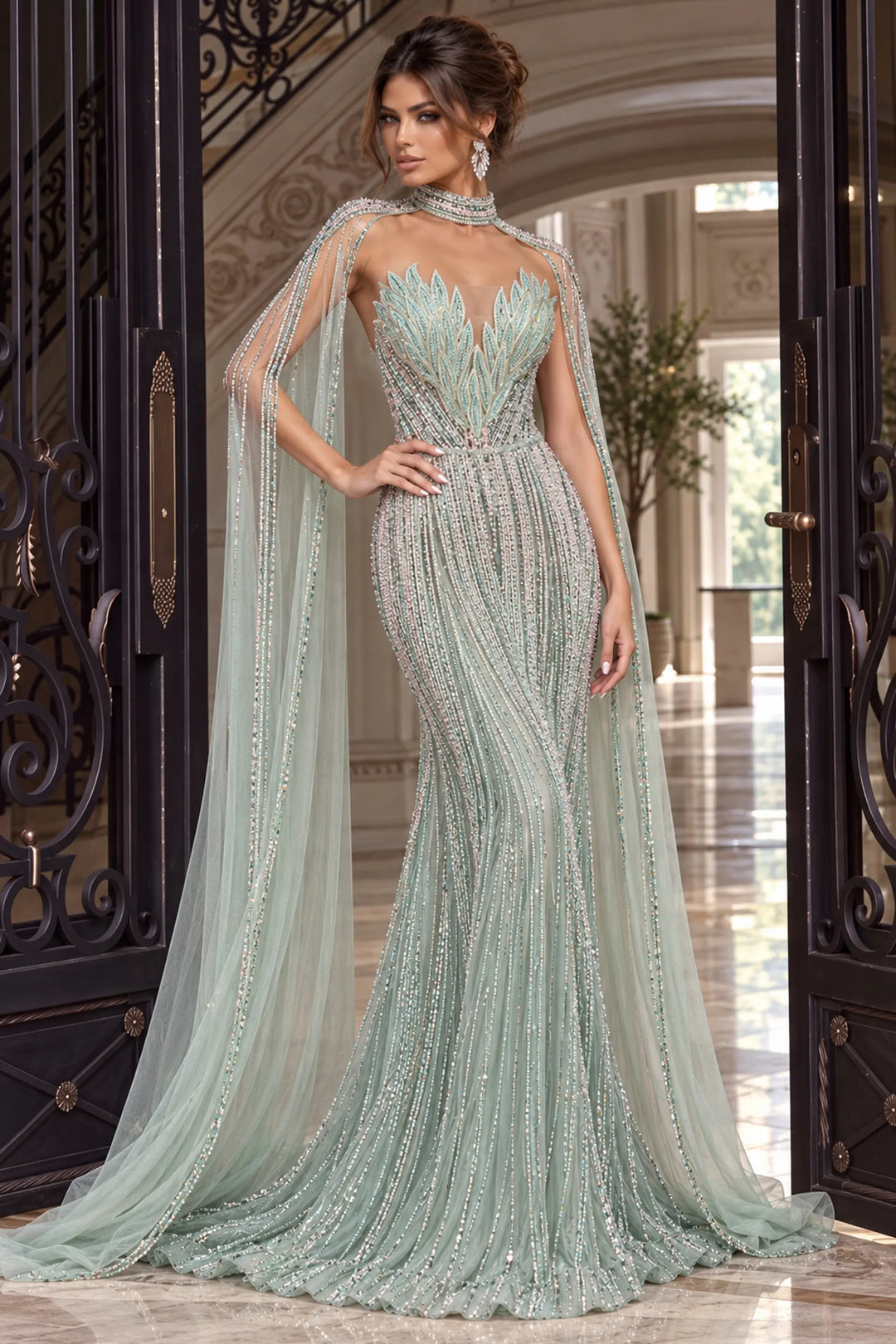 Jovani 48421 beaded sheath gown with high collar cape view 6