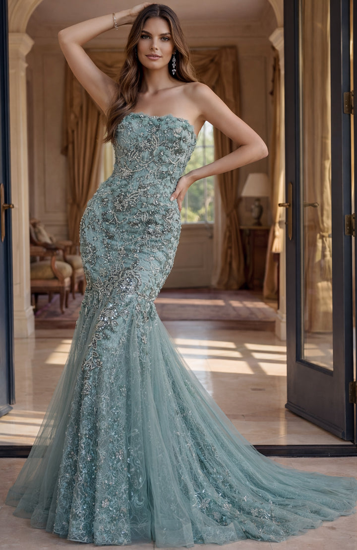 Jovani 48476 Embellished Mermaid Gown With Tulle Skirt - FOSTANI.com