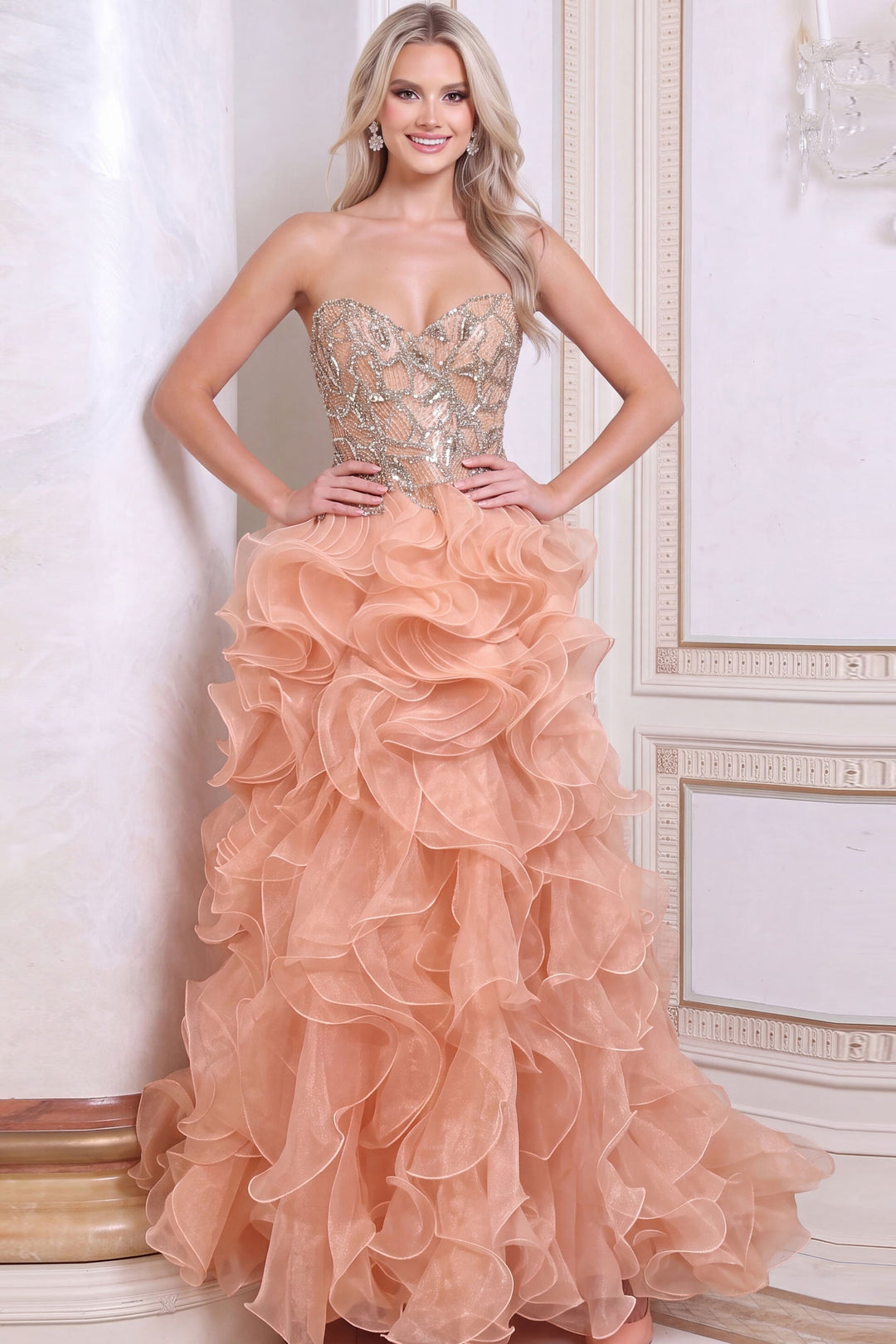 Jovani 48746 Strapless Sweetheart Corset Ruffle Ball Gown, front