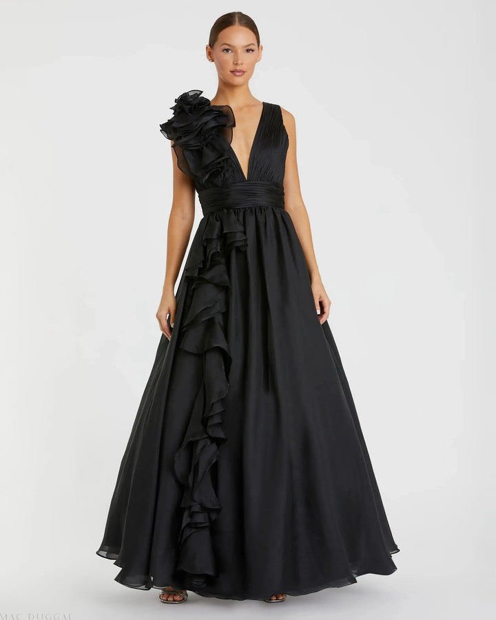 Mac Duggal 9969153P	Black Ruffle Shoulder V-Neck Chiffon Gown