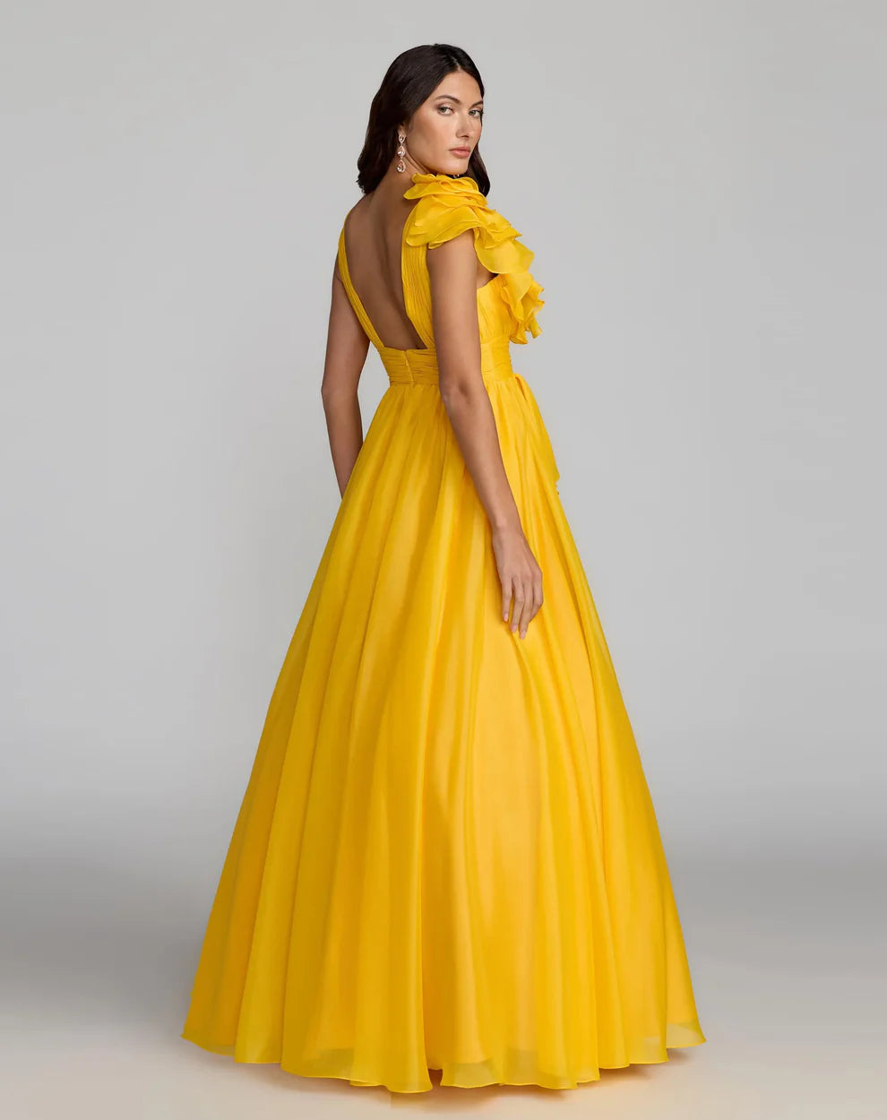 Mac Duggal 9948856P Petite Pink Ruffle Shoulder V-Neck Chiffon Gown