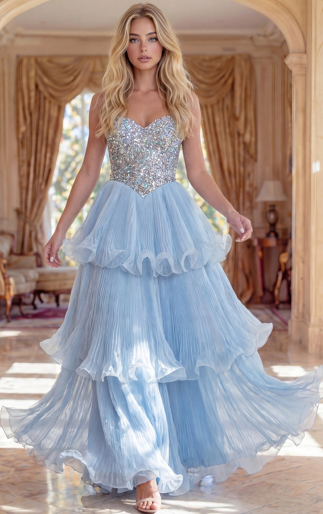 Jovani 48948 Tiered Chiffon Ball Gown With Beaded Bodice - FOSTANI.com