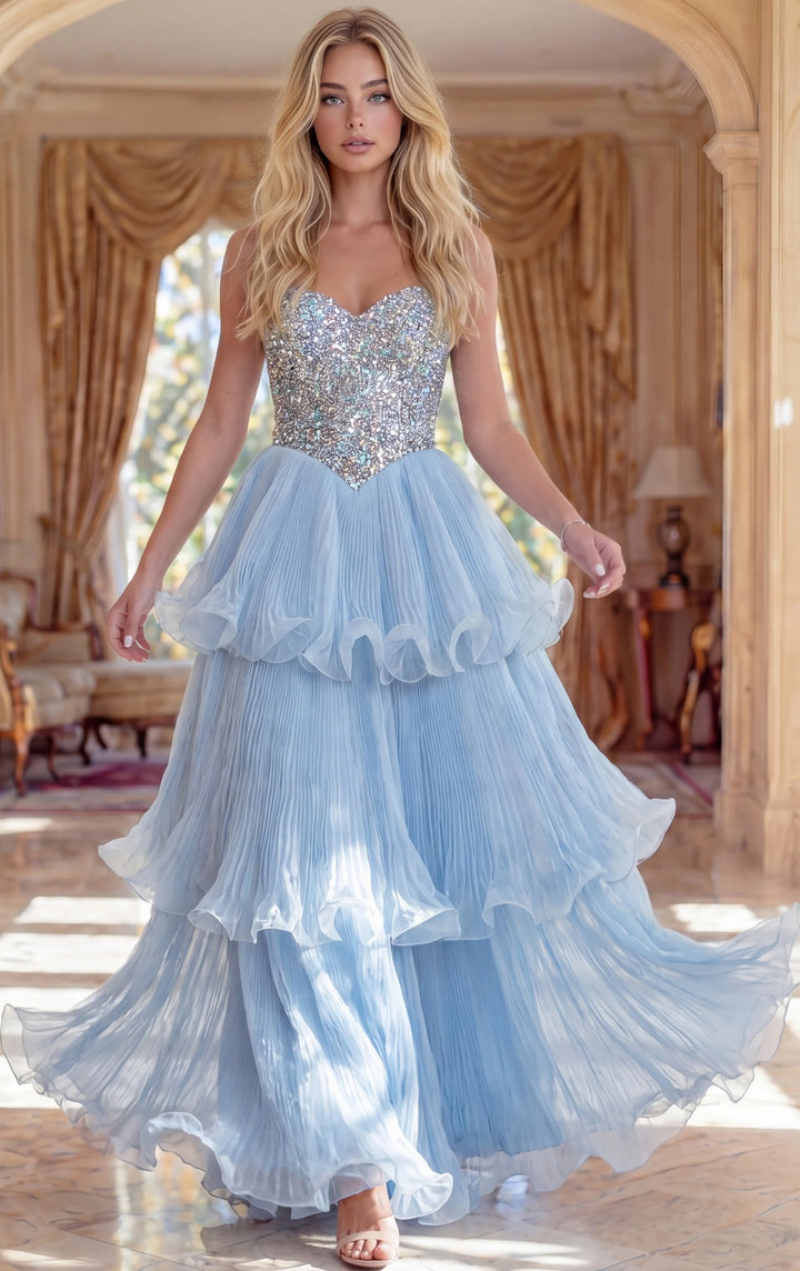 Jovani 48948 Tiered Chiffon Ball Gown With Beaded Bodice - FOSTANI.com