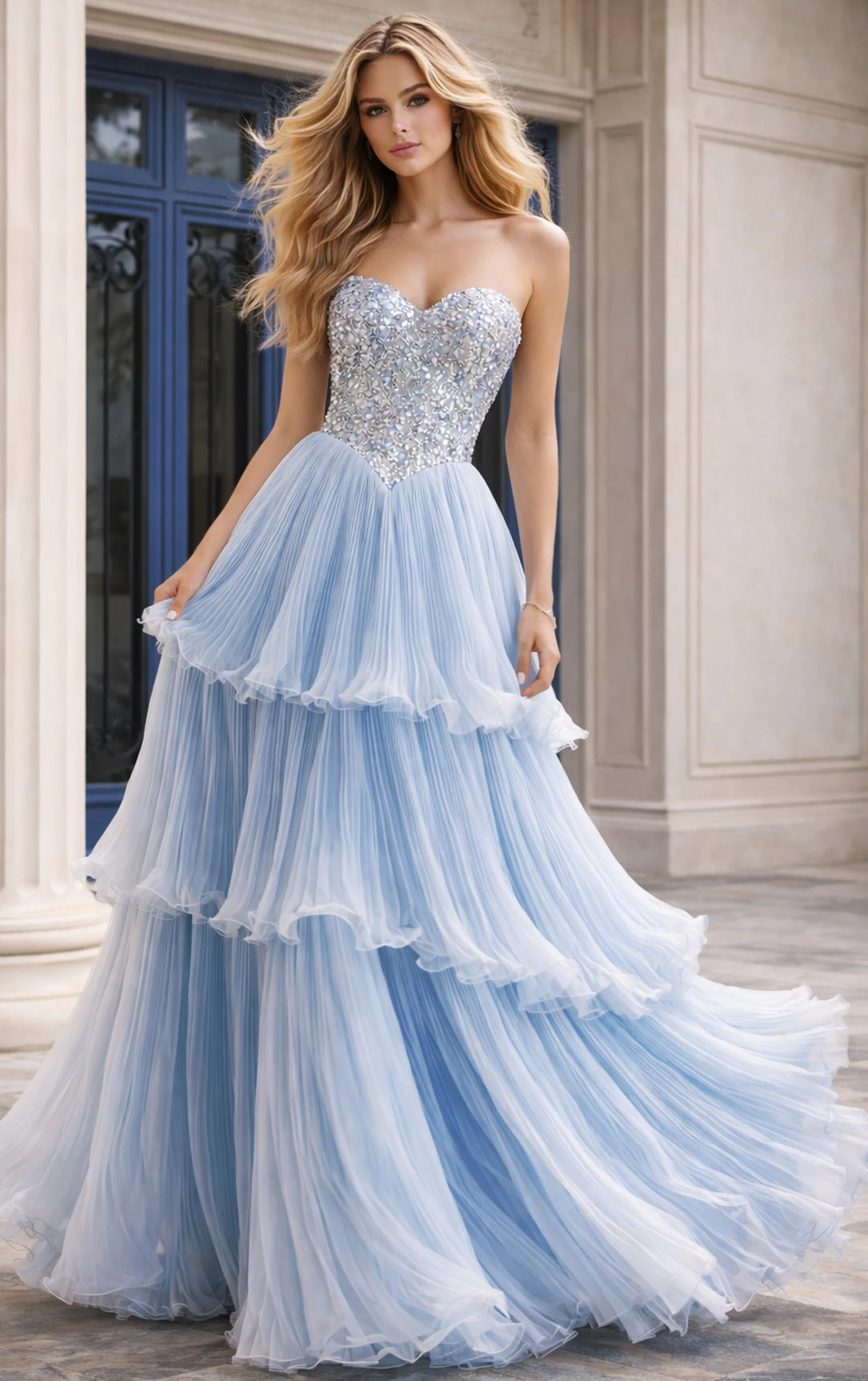 Jovani 48948 Tiered Chiffon Ball Gown With Beaded Bodice - FOSTANI.com