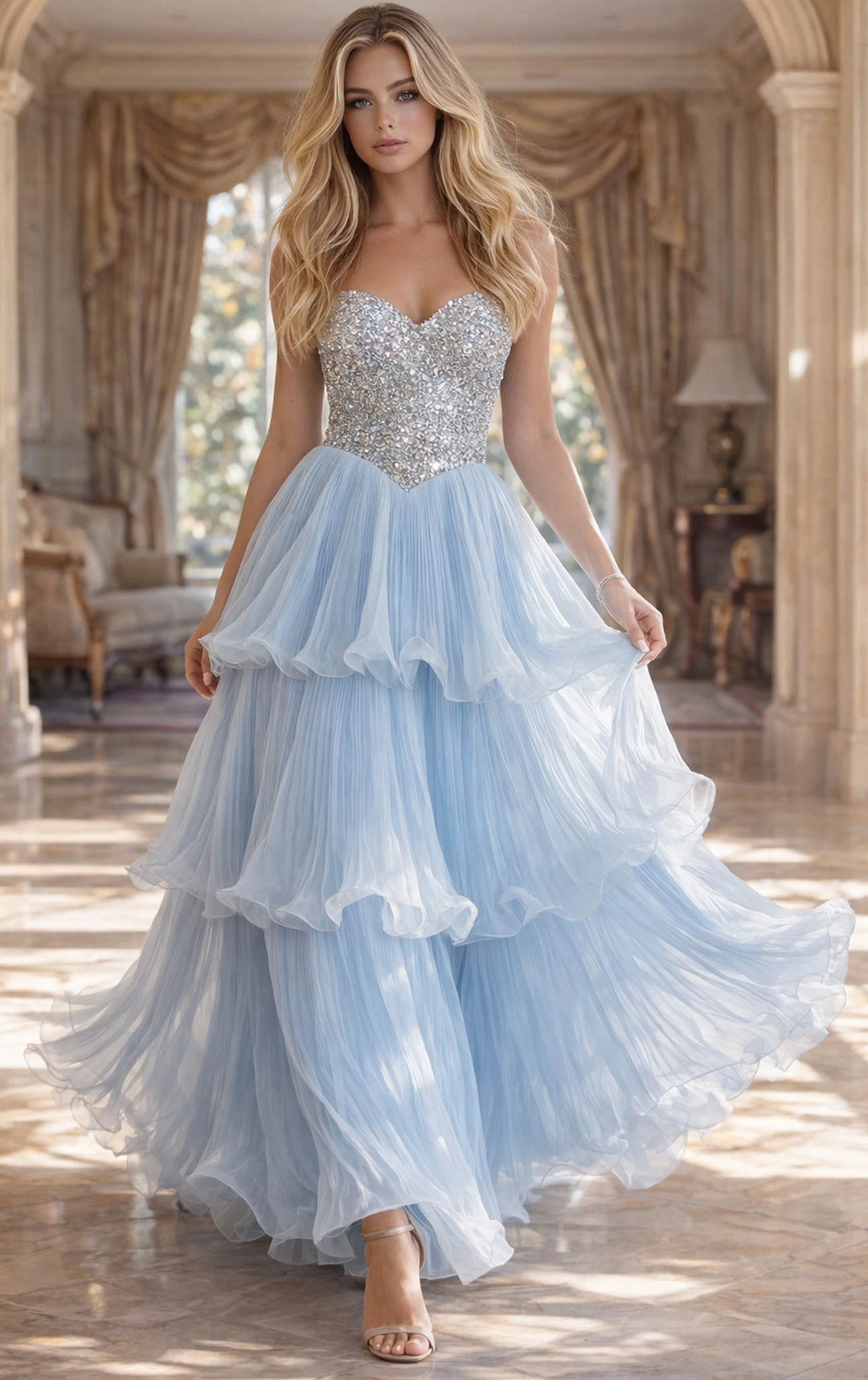 Jovani 48948 Tiered Chiffon Ball Gown With Beaded Bodice - FOSTANI.com