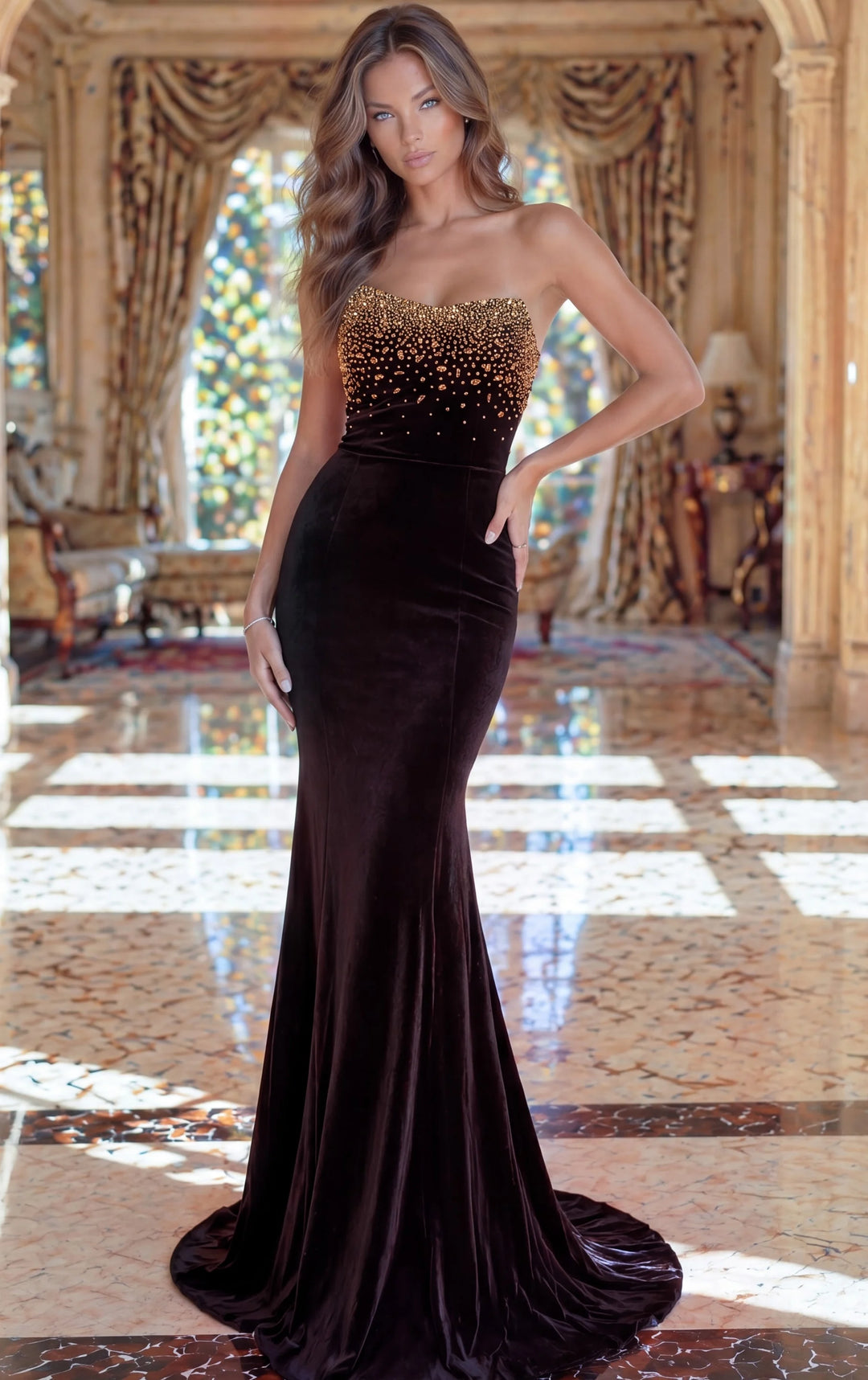 Jovani 48954 Velvet Strapless Beaded Mermaid Gown BROWN / 0