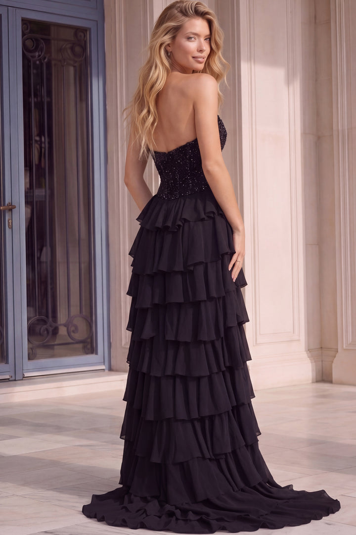 Jovani 48992 Beaded Gown with High Slit and Ruffle Details