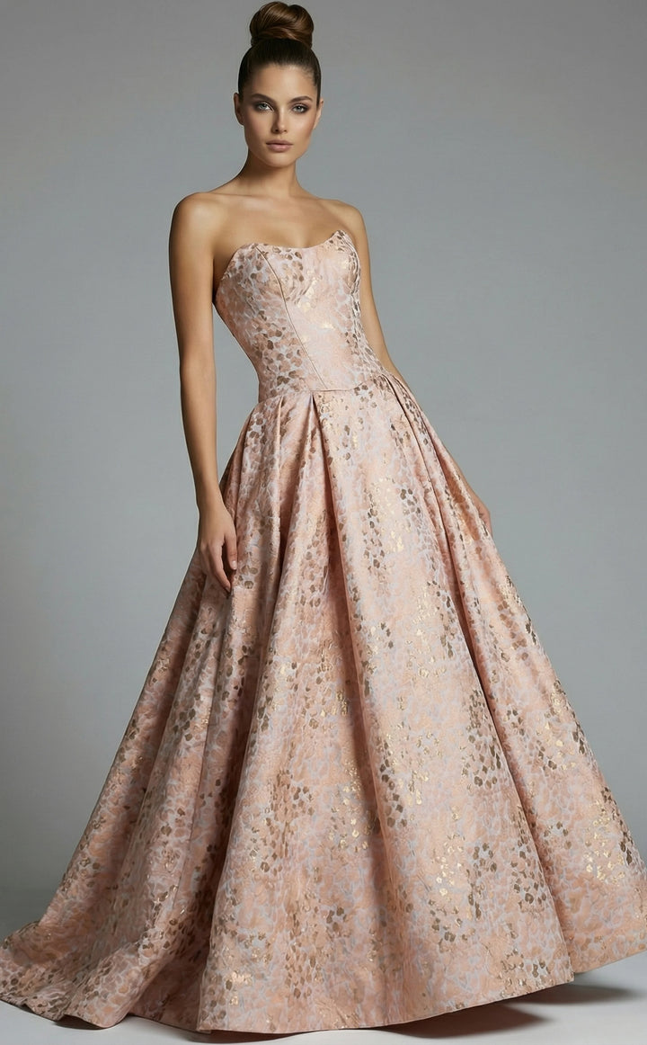 Jovani 49001 Strapless Ball Gown With Textured Metallic Pattern - FOSTANI.com
