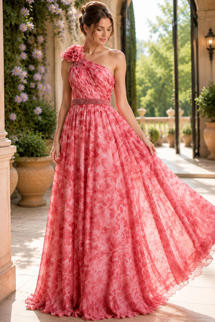 Jovani 49018 Chiffon One Shoulder Beaded Belt Gown PINK MULTI / 8