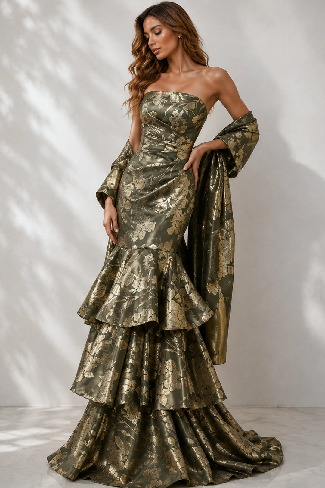 Jovani 49031 Strapless Sleeveless Corset Wedding Guest Dress OLIVE/GOLD / 6