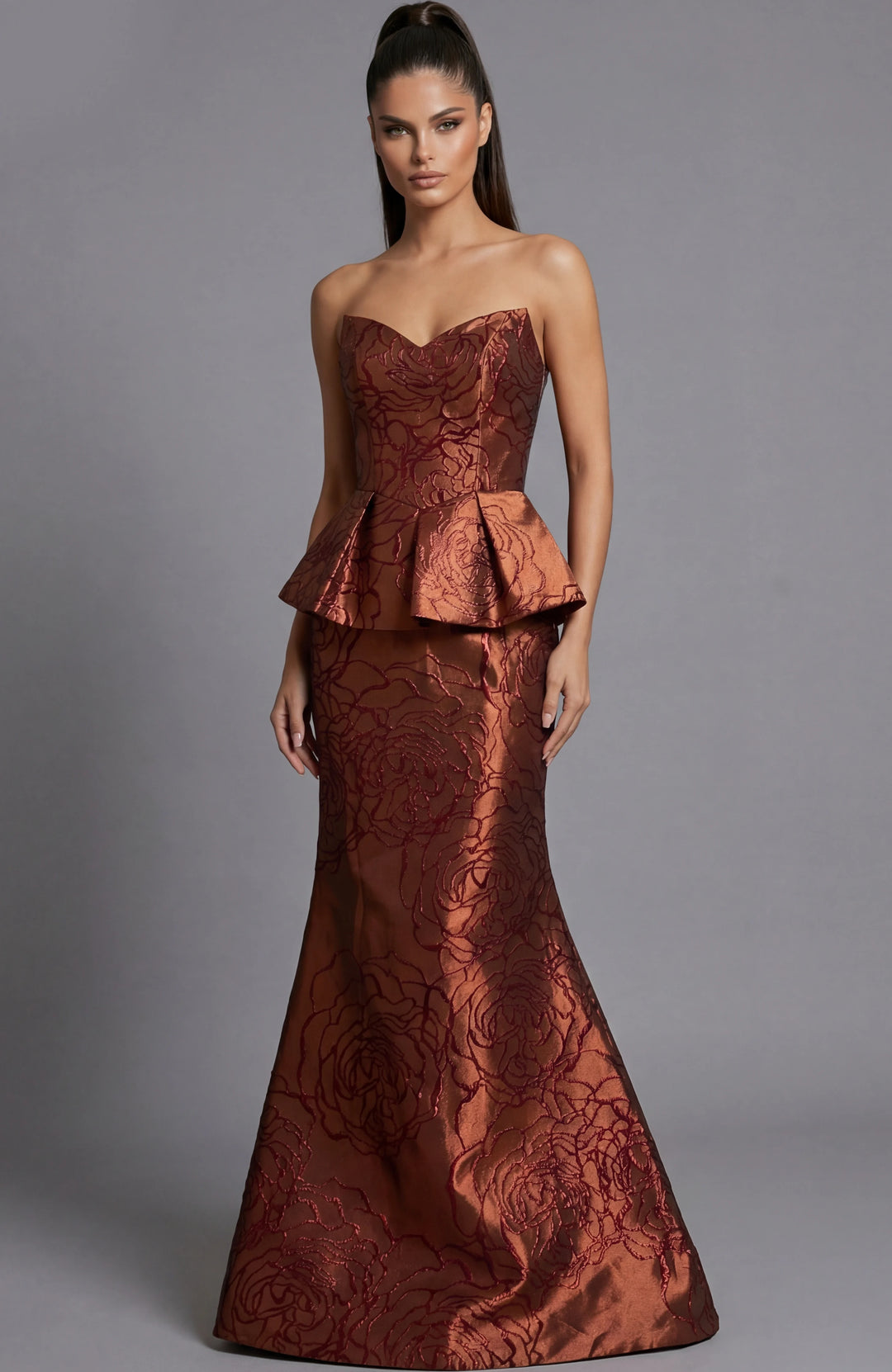 Jovani 49073 Strapless Brocade Evening Gown With Peplum Waist - FOSTANI.com