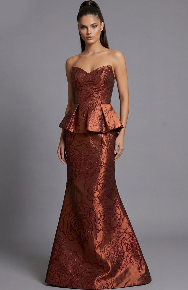 Jovani 49073 Strapless Brocade Evening Gown With Peplum Waist - FOSTANI.com