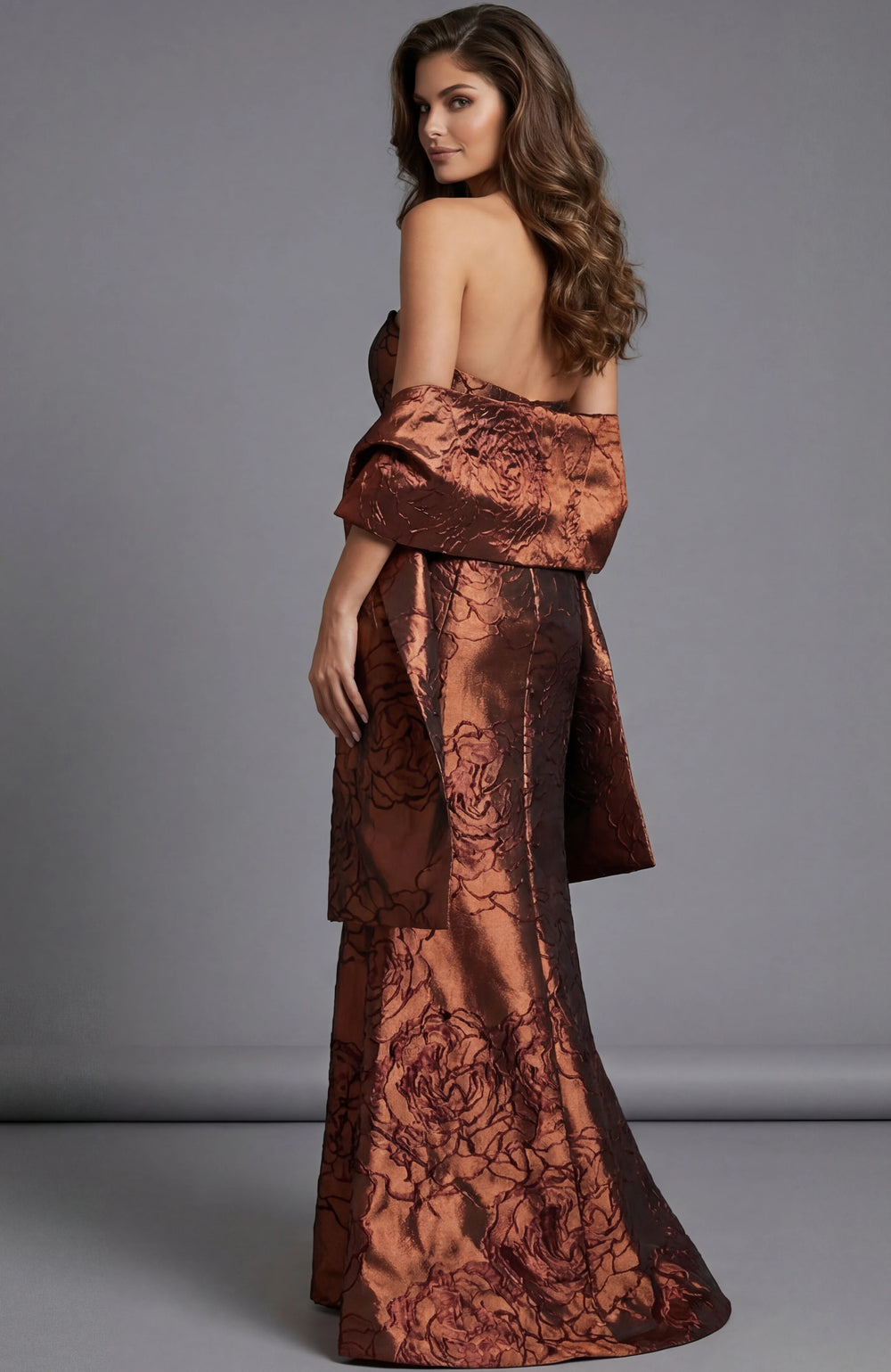 Jovani 49073 Strapless Brocade Evening Gown With Peplum Waist - FOSTANI.com