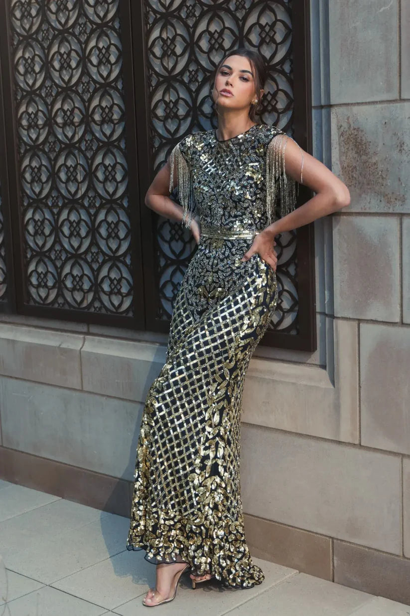 mac duggal black and gold dress Women's Beaded Fringe Gown - Sage SIZE:4 - 3X/5X Pearl Dresses For Baby campaign:modern-romance-5 while the allover shimmering