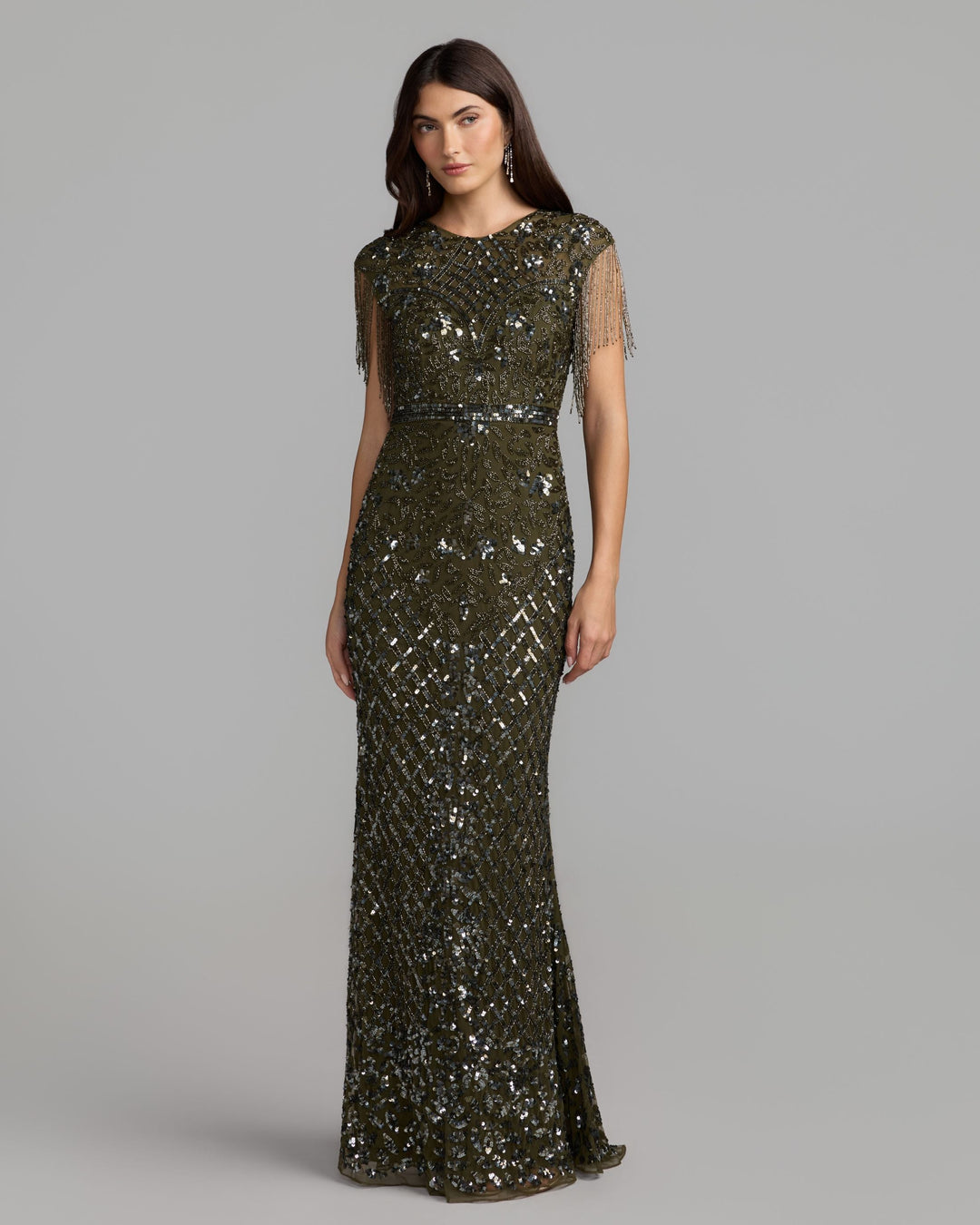 Mac Duggal 4908 High Neck Beaded Fringe Fitted Gown