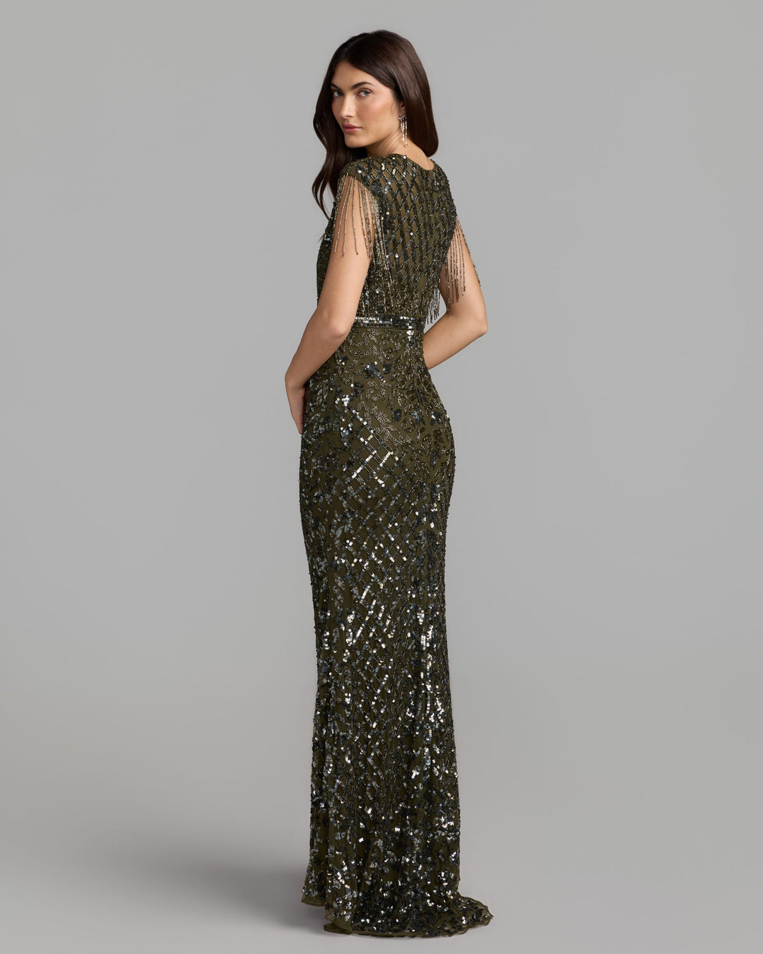 Mac Duggal 4908 High Neck Beaded Fringe Fitted Gown