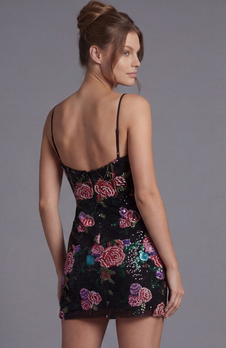 Jovani 49235 Floral Sequin Spaghetti Strap Mini Dress - FOSTANI.com