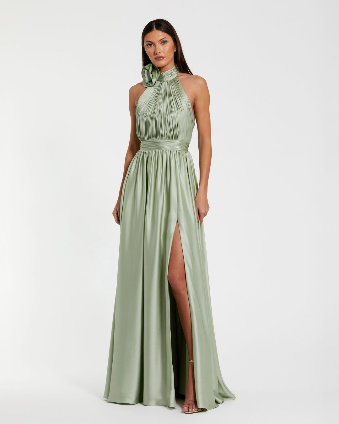 Mac Duggal 49333 Halter Neck Open Back Satin Dress With Slit | FOSTANI Mac Duggal 49333 Halter Neck Open Back Satin Dress With Slit | FOSTANI