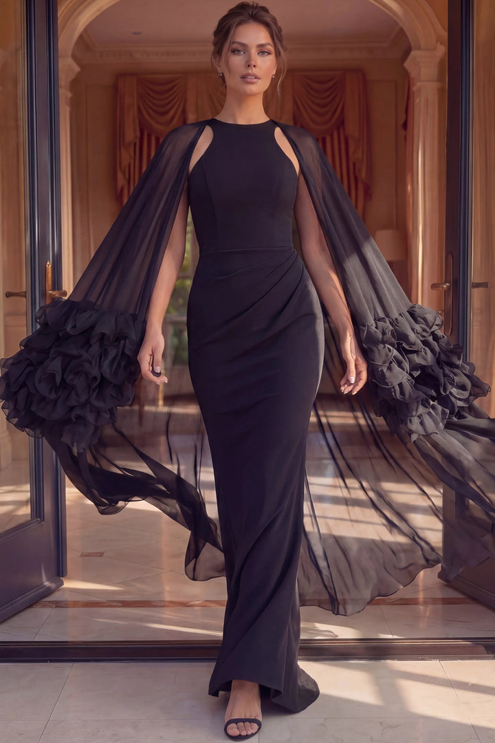 Jovani 49448 Cutout Cape Sleeve Gown With Ruffle Cuffs - FOSTANI.com
