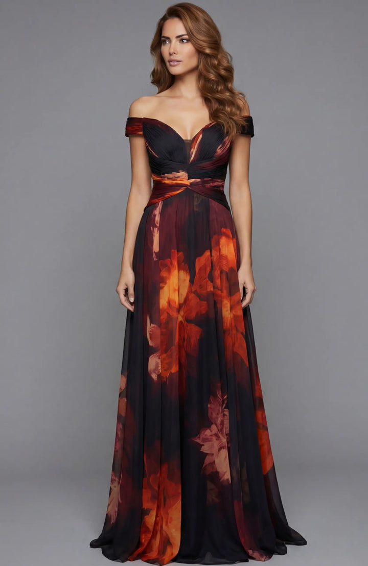 Jovani 49473 off-the-shoulder floral print A-line gown front view